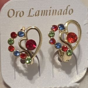 Gold Heart Earrings with Multicolor Crystals
